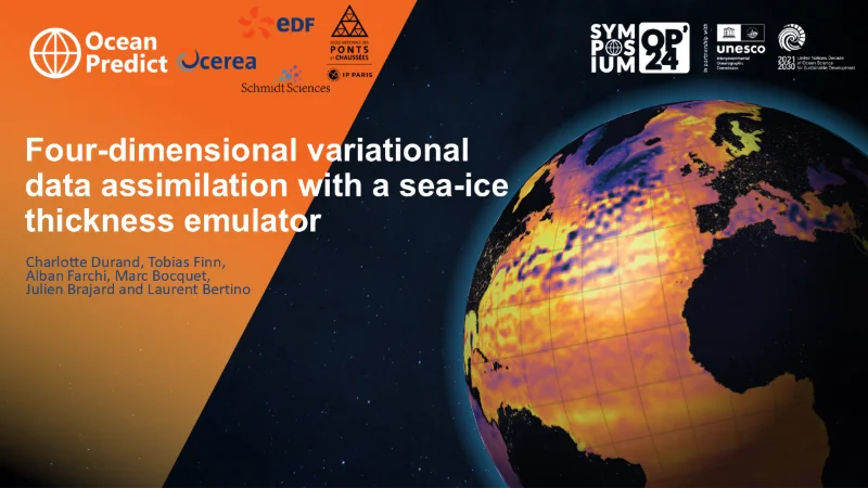 Four-dimensional variational data assimilation with a sea-ice thickness emulator